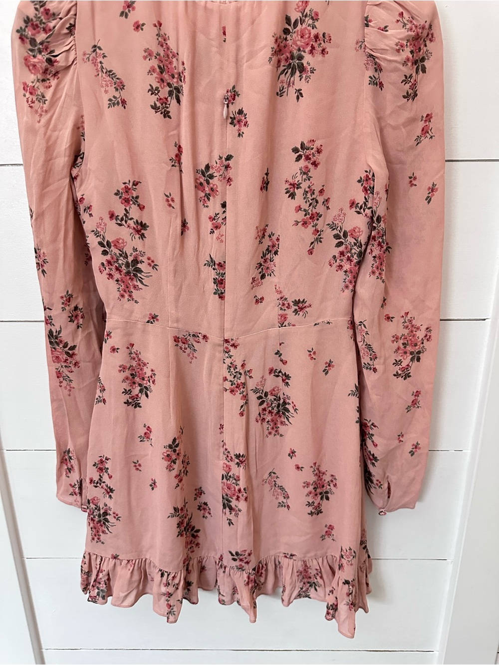 Reformation 4 Pink floral cotton ruffle detail tie neck long sleeve mini dress - Picture 16 of 16